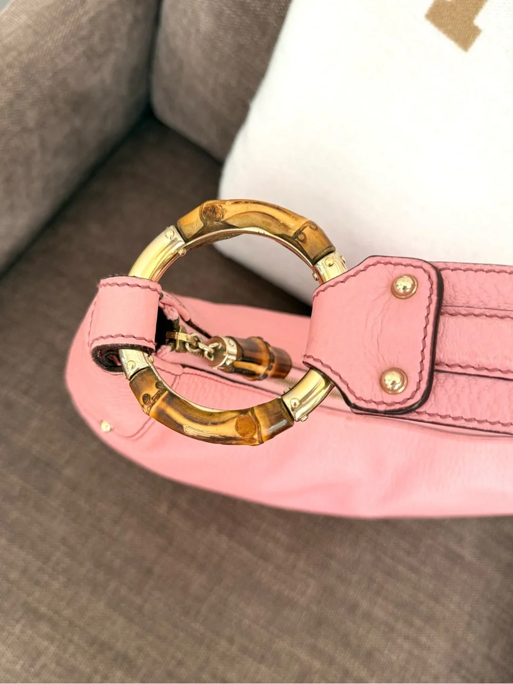 Authentic Gucci pink leather hobo bag bamboo accents shoulder bag